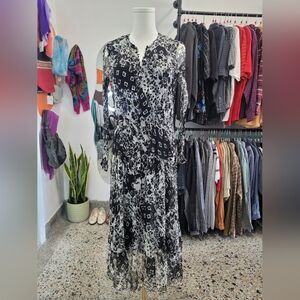 Massimo Dutti Elegant Black and White Silk Floral Dress